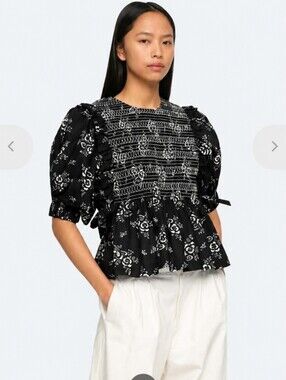 Sea Smocked Black Floral‎ Peplum Blouse with Puff Sleeves